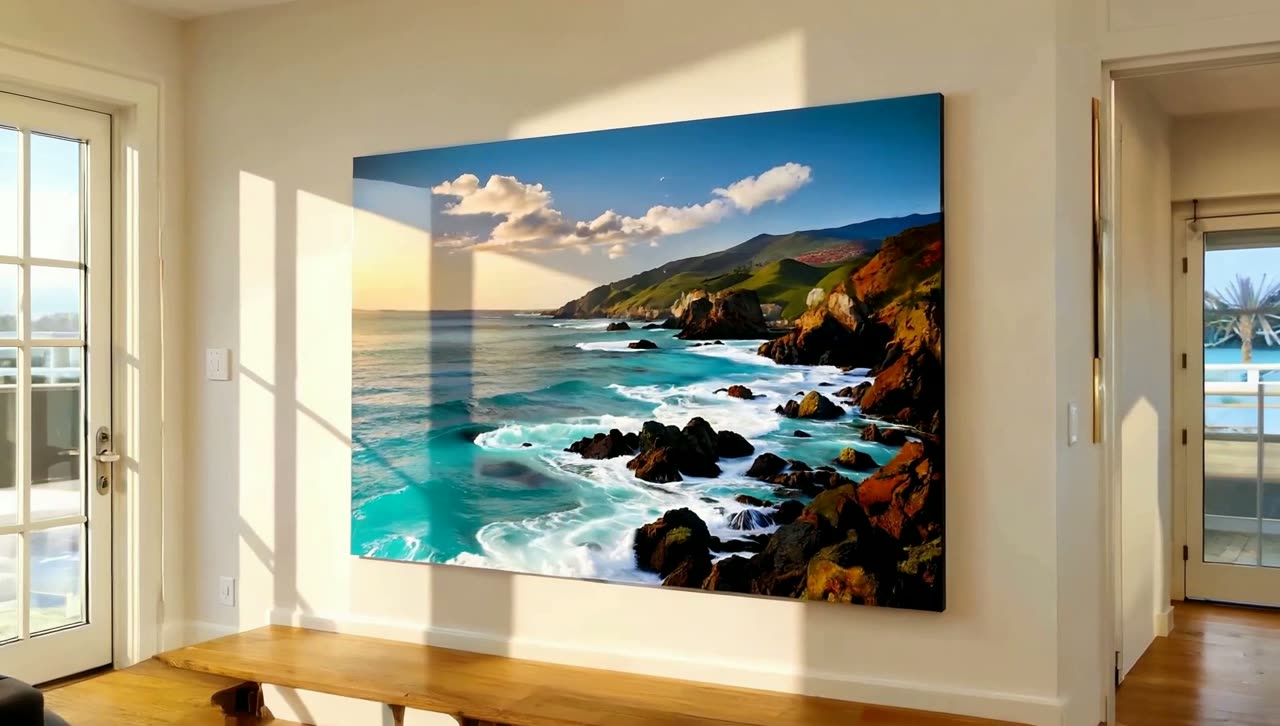 A finished metal print hanging on a wall in a real living room