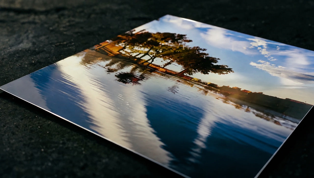 Daylight travelling across the glossy surface of a metal print
