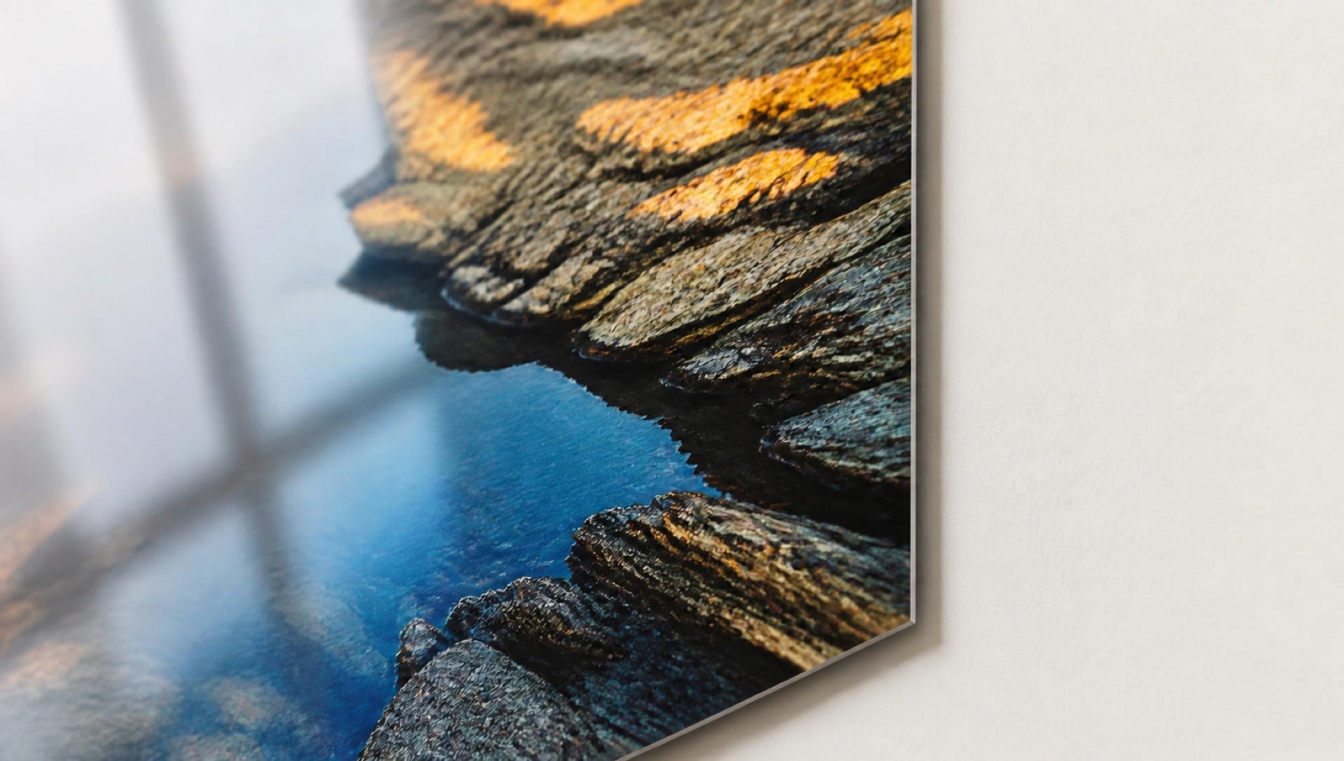 Macro sequence across a glossy metal print: reflective surface, fine detail, deep color and the thin rigid edge