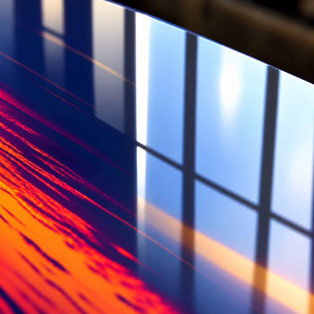 A glossy metal print catching natural daylight