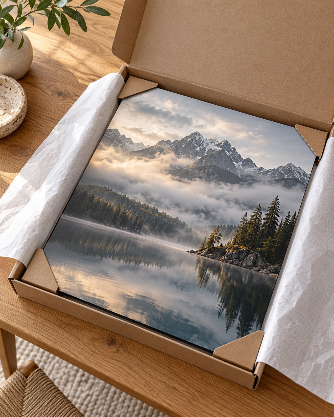 A mountain lake metal print nestled in protective packaging on an oak table
