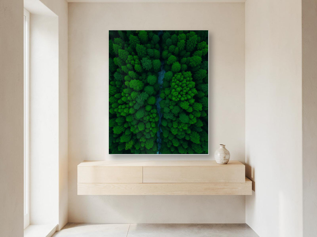 green canopy metal print installed on a wall