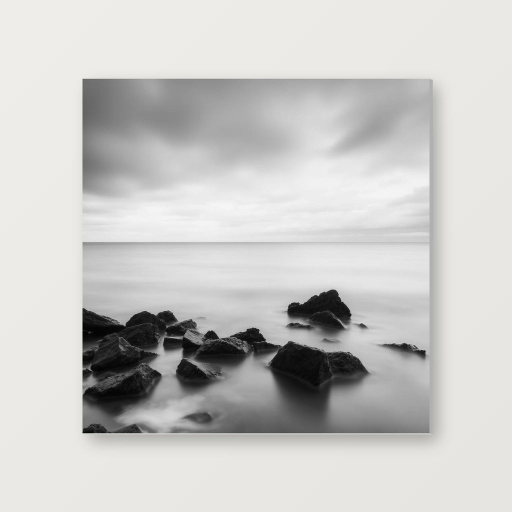 glossy surface detail of a black and white coastal photograph on metal
