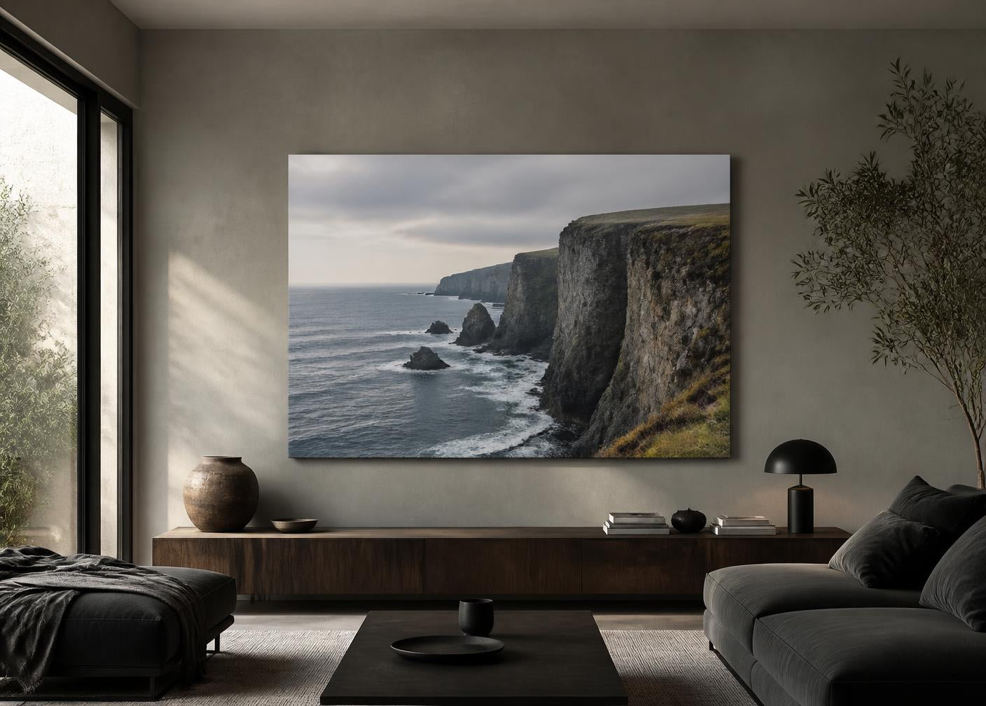A metal print in an architectural living room