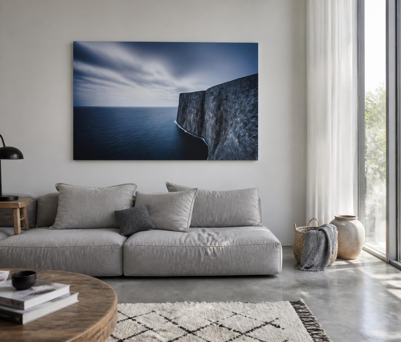 A metal print in a softly lit living room